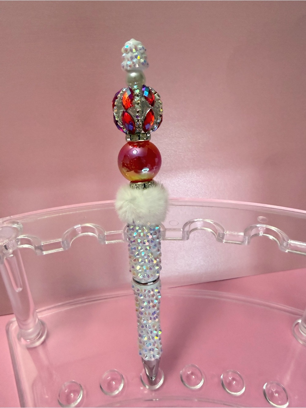 New Crystal Embellished Bejeweled White and Red Statement Pen